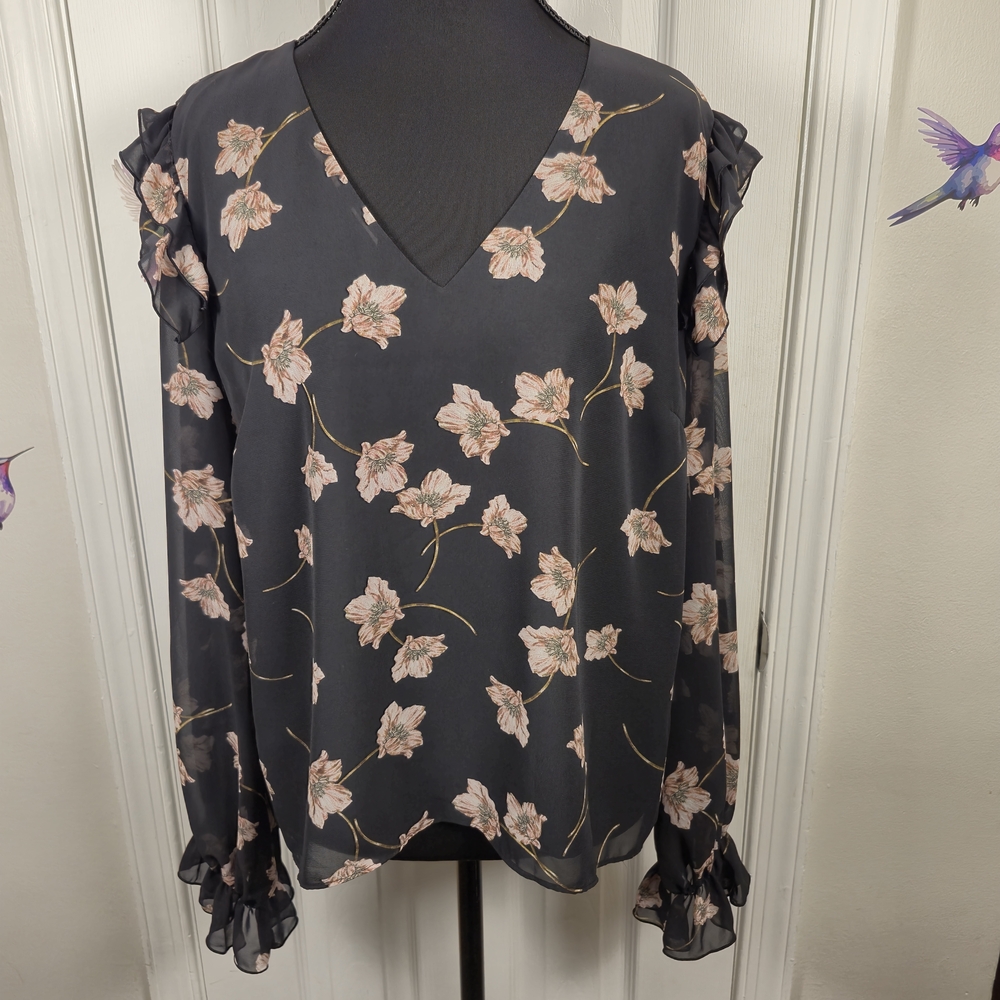 bar III Floral Ruffle V-Neck Sheer Long Sleeve Blouse Top L - Picture 3 of 7